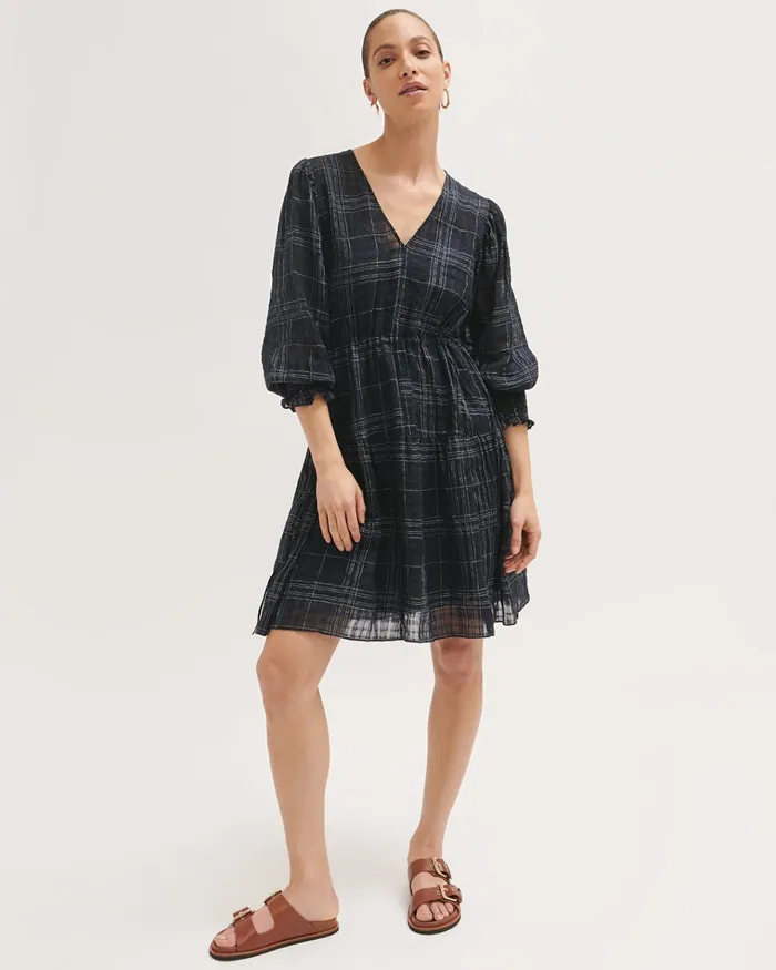Jigsaw Dresses and Jumpsuits Women Gauze Linen Check Dress Blue