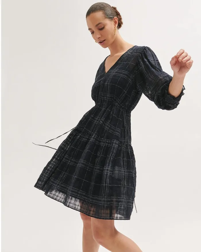 Jigsaw Dresses and Jumpsuits Women Gauze Linen Check Dress Blue