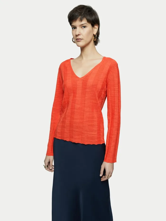 Jigsaw Knitwear and Cashmere Women Linen Cotton Rib V Neck Jumper Red