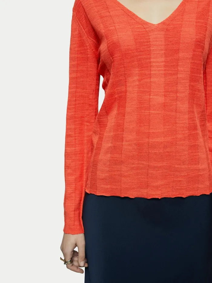 Jigsaw Knitwear and Cashmere Women Linen Cotton Rib V Neck Jumper Red