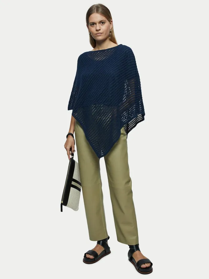 Jigsaw Ponchos and Scarves Women Linen Lace Knitted Poncho Blue