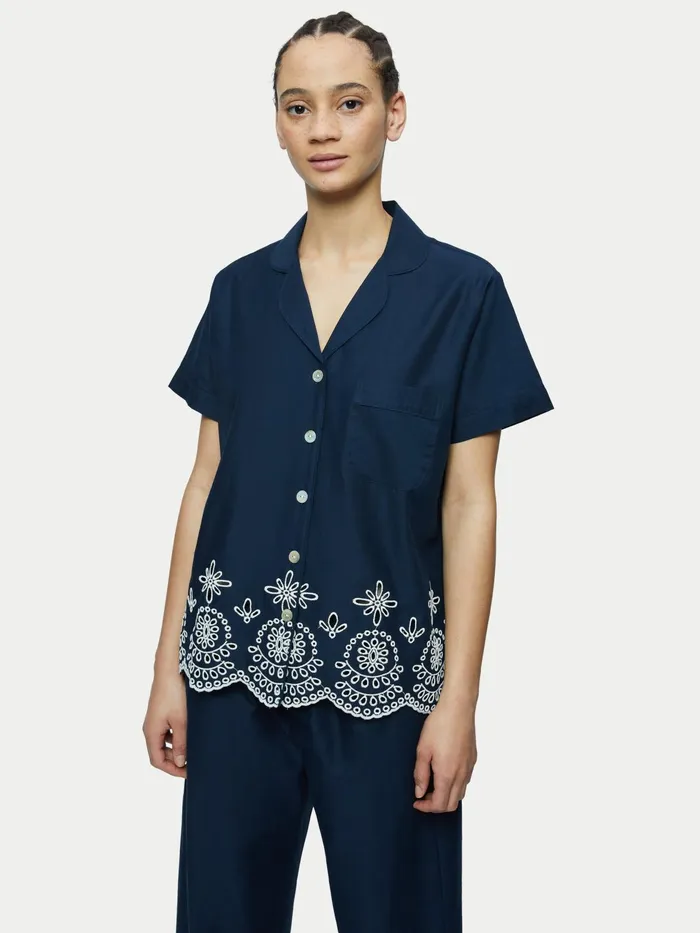 Jigsaw Pyjamas and Loungewear Women Cotton Broderie Cropped Pyjama Blue