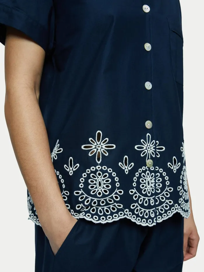 Jigsaw Pyjamas and Loungewear Women Cotton Broderie Cropped Pyjama Blue