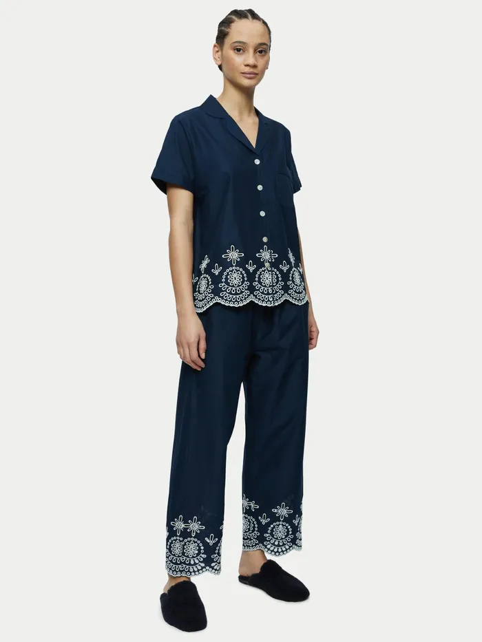 Jigsaw Pyjamas and Loungewear Women Cotton Broderie Cropped Pyjama Blue