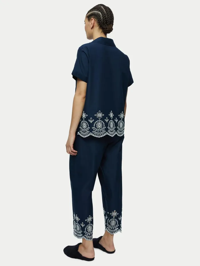 Jigsaw Pyjamas and Loungewear Women Cotton Broderie Cropped Pyjama Blue