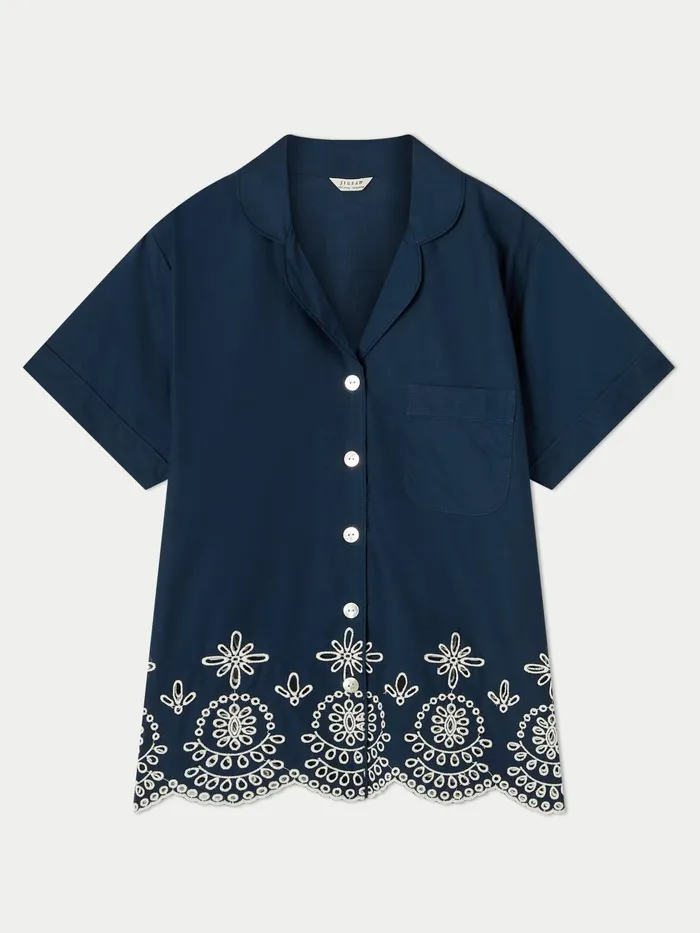Jigsaw Pyjamas and Loungewear Women Cotton Broderie Cropped Pyjama Blue