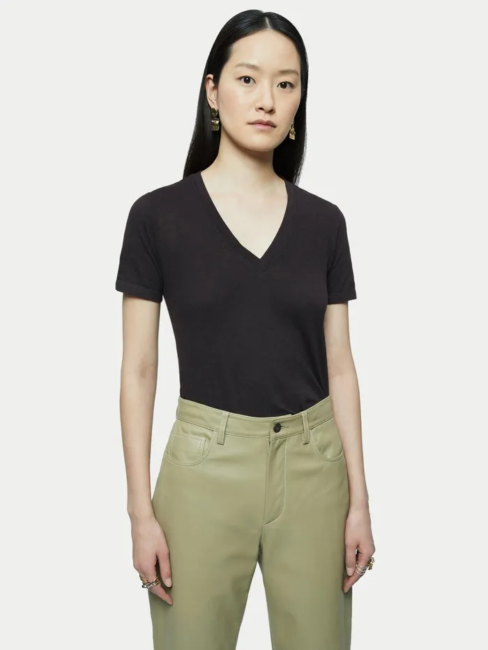Jigsaw Tshirts Women Cotton Slub Short Sleeve V Neck Tee Black