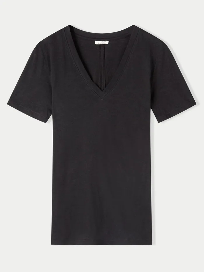 Jigsaw Tshirts Women Cotton Slub Short Sleeve V Neck Tee Black