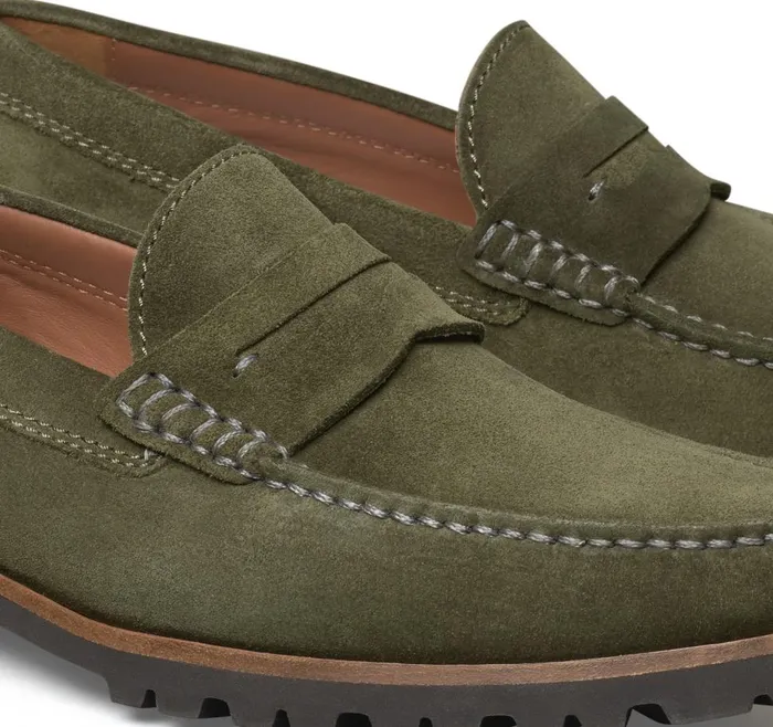 Johnston and Murphy Baldwin Lug Penny Olive English Suede Men SlipOns