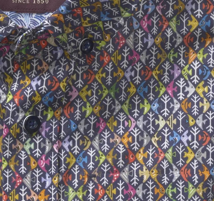 Johnston and Murphy Boys ShortSleeve Printed Shirt Navy Multi Fish Boys Shirts