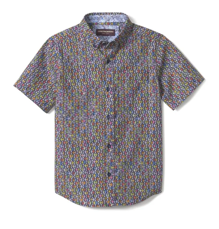 Johnston and Murphy Boys ShortSleeve Printed Shirt Navy Multi Fish Boys Shirts