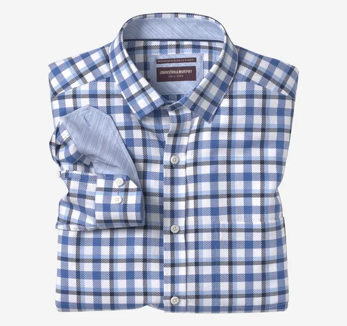 Johnston and Murphy LongSleeve Dress Shirt Blue Twill Check Men Shirts