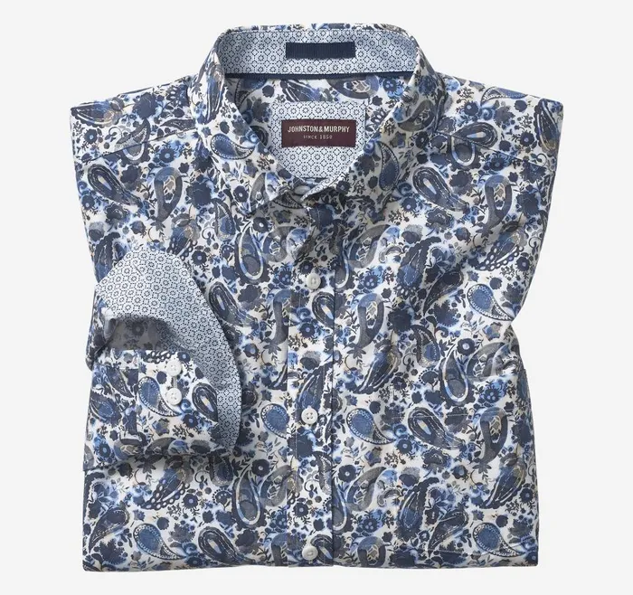 Johnston and Murphy Printed Cotton Shirt Blue Watercolor Paisley Men Shirts