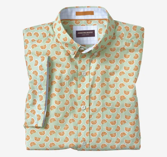 Johnston and Murphy Printed Cotton ShortSleeve Shirt Green Citrus Men ShortSleeve Shirts Johnston and Murphy Printed Cotton ShortSleeve Shirt Green Citrus Men ShortSleeve Shirts