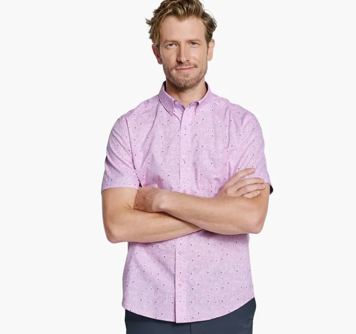 Johnston and Murphy Printed Cotton ShortSleeve Shirt Pink Flamingo Men ShortSleeve Shirts