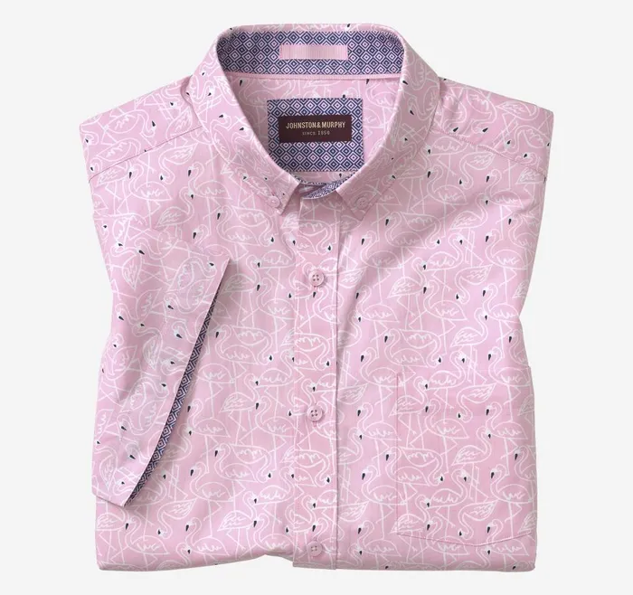 Johnston and Murphy Printed Cotton ShortSleeve Shirt Pink Flamingo Men ShortSleeve Shirts Johnston and Murphy Printed Cotton ShortSleeve Shirt Pink Flamingo Men ShortSleeve Shirts