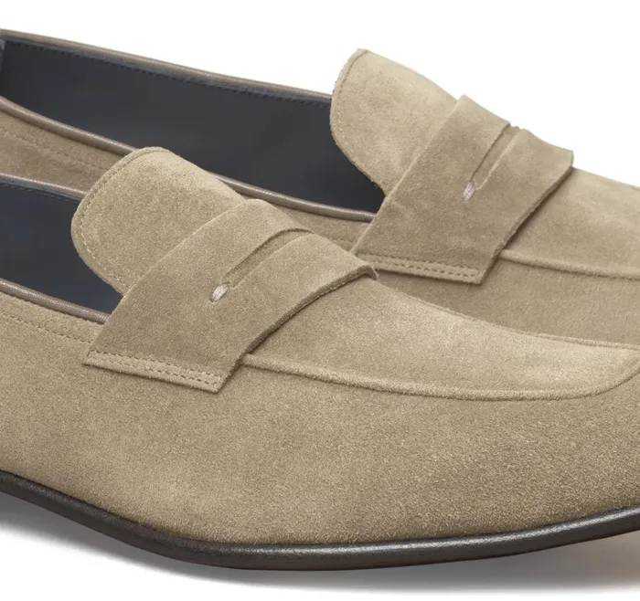 Johnston and Murphy Taylor Penny Taupe Italian Suede Men SlipOns Johnston and Murphy Taylor Penny Taupe Italian Suede Men SlipOns