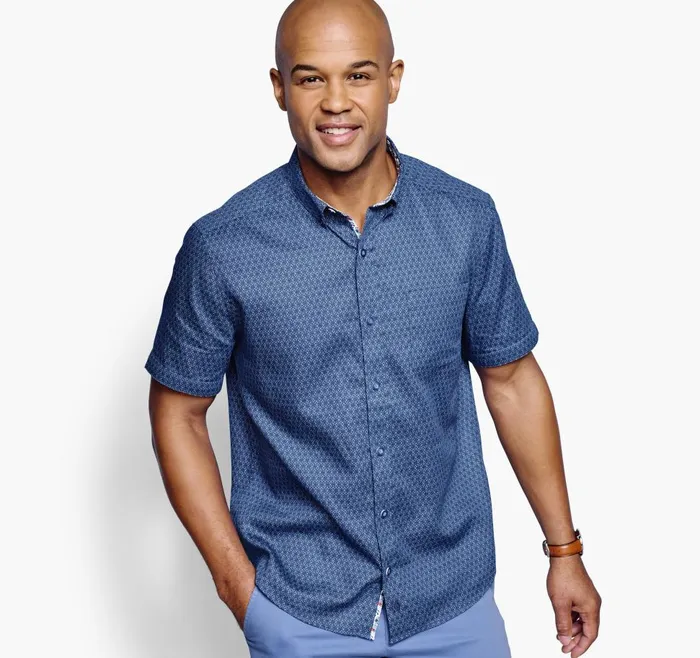 Johnston and Murphy Textured Cotton ShortSleeve Shirt Navy Linked Flower Men ShortSleeve Shirts
