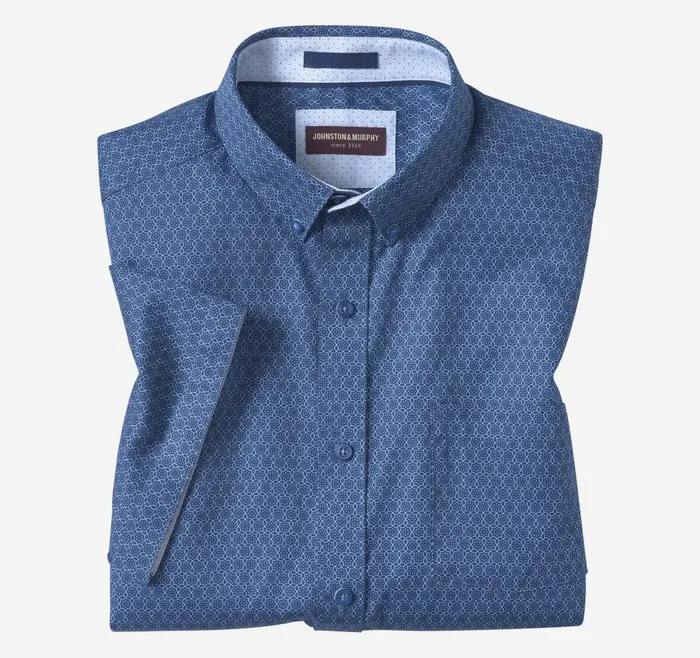Johnston and Murphy Textured Cotton ShortSleeve Shirt Navy Linked Flower Men ShortSleeve Shirts