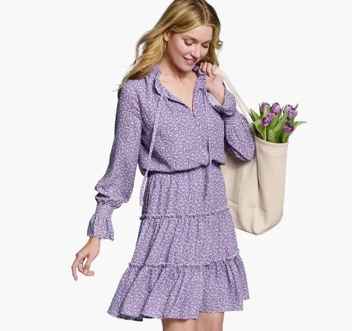 Johnston and Murphy Tiered Printed Dress Lilac Tiny Floral Women Dresses and Jumpsuits