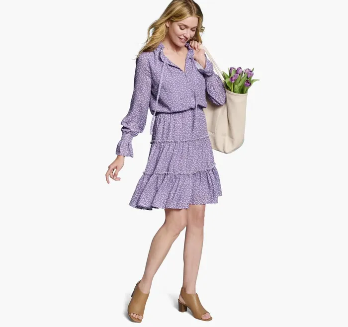 Johnston and Murphy Tiered Printed Dress Lilac Tiny Floral Women Dresses and Jumpsuits Johnston and Murphy Tiered Printed Dress Lilac Tiny Floral Women Dresses and Jumpsuits