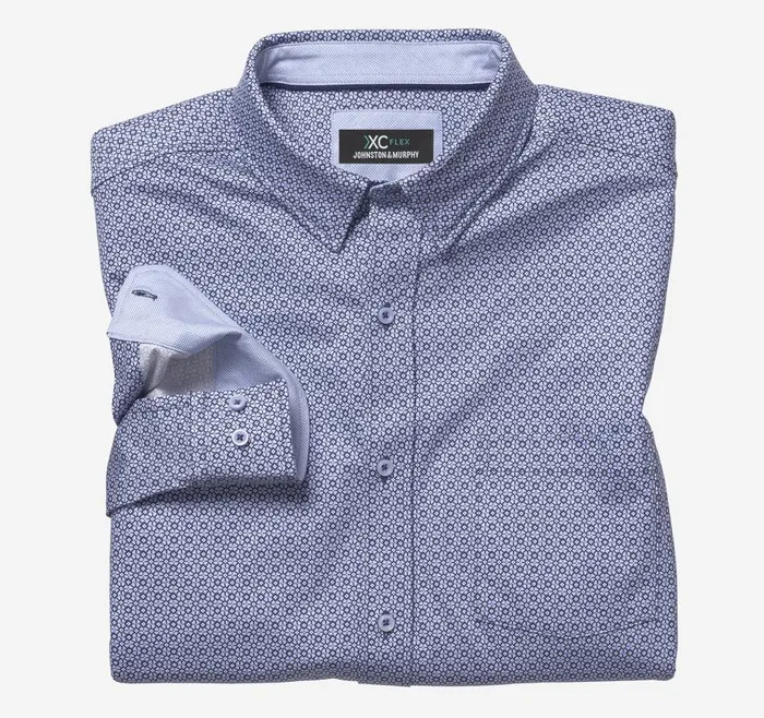 Johnston and Murphy XC Flex Stretch LongSleeve Shirt Blue Diamond Grid Print Men Shirts
