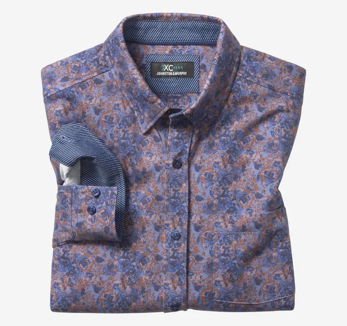 Johnston and Murphy XC Flex Stretch LongSleeve Shirt Navybrown Floral Print Men Shirts