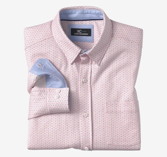 Johnston and Murphy XC Flex Stretch LongSleeve Shirt Pink Dotted Print Men Shirts