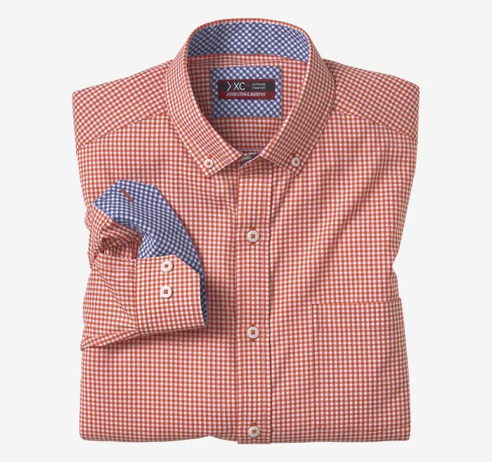 Johnston and Murphy XC4 LongSleeve StretchWoven Shirt Orangewhite Gingham Men Shirts