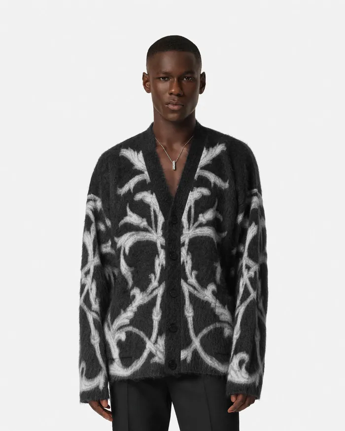 Knitwear Men Versace Acanthus Leaves MohairBlend Cardigan Black
