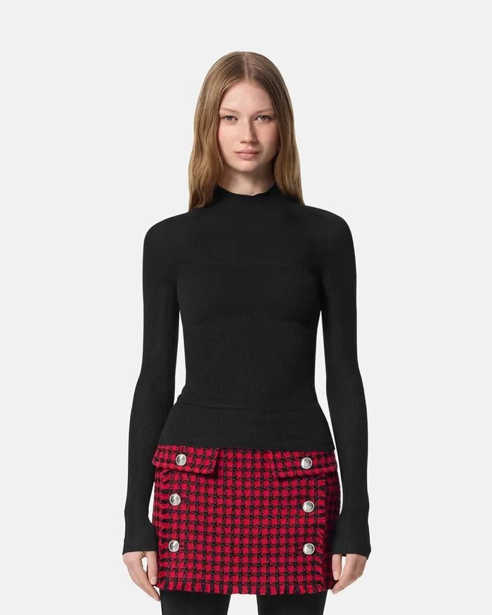 Knitwear Women Versace Merino Wool Fitted Ribbed Knit Top Black