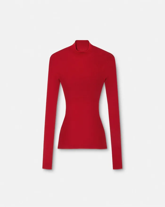 Knitwear Women Versace Merino Wool Fitted Ribbed Knit Top Red