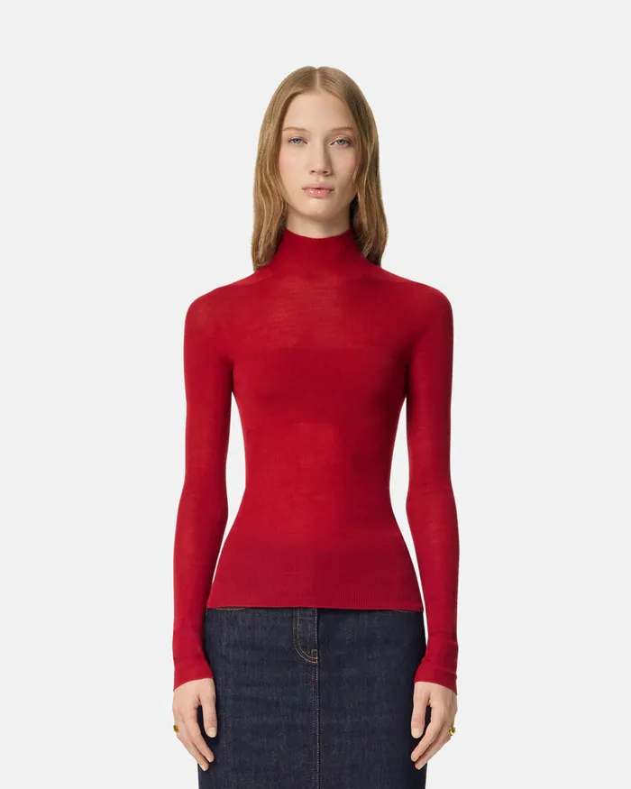Knitwear Women Versace Merino Wool Fitted Ribbed Knit Top Red