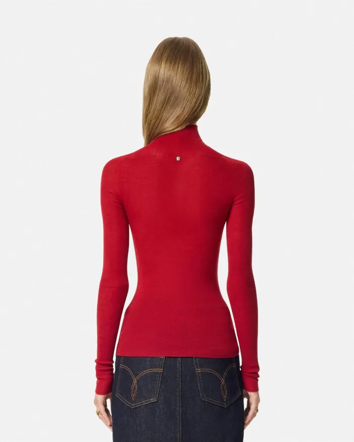 Knitwear Women Versace Merino Wool Fitted Ribbed Knit Top Red