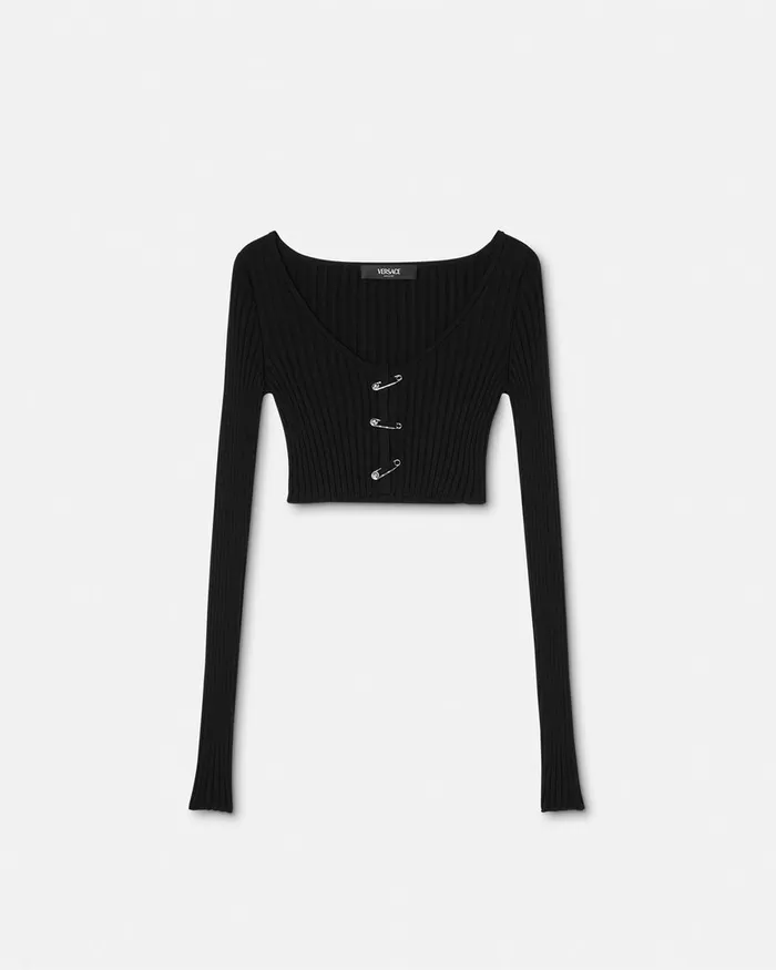 Knitwear Women Versace Safety Pin Scoop Crop RibbedKnit Cardigan Black