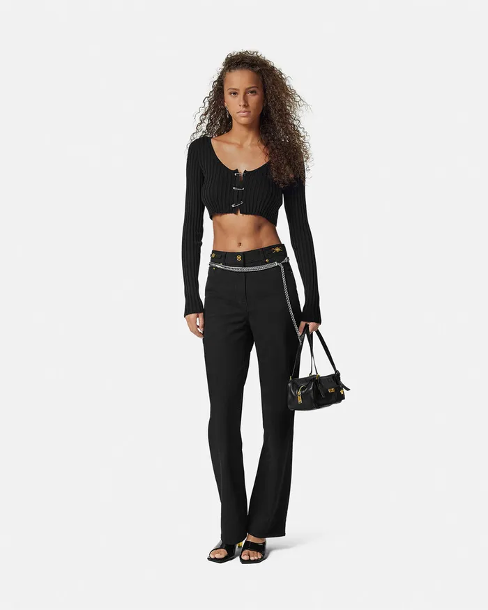 Knitwear Women Versace Safety Pin Scoop Crop RibbedKnit Cardigan Black