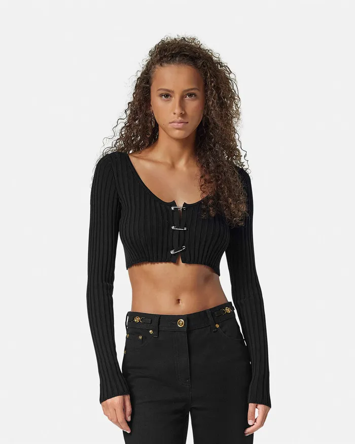 Knitwear Women Versace Safety Pin Scoop Crop RibbedKnit Cardigan Black
