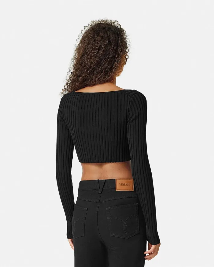 Knitwear Women Versace Safety Pin Scoop Crop RibbedKnit Cardigan Black