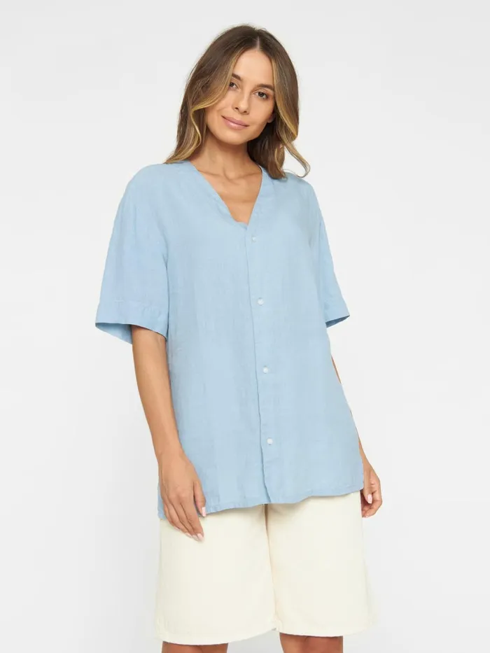 KnowledgeCotton Apparel Shirts Baseball Linen Short Sleeved Shirt Asley Blue 8211 Women