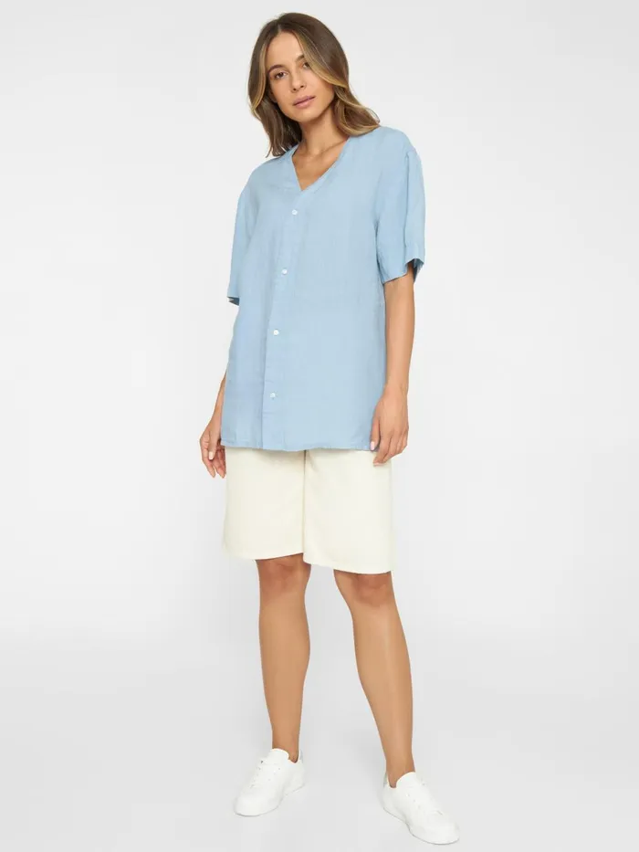 KnowledgeCotton Apparel Shirts Baseball Linen Short Sleeved Shirt Asley Blue 8211 Women