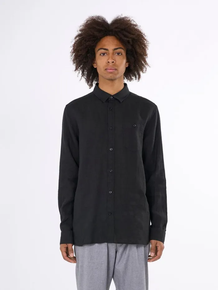 KnowledgeCotton Apparel Shirts Custom Fit Linen Shirt Black Jet 8211 Men KnowledgeCotton Apparel Shirts Custom Fit Linen Shirt Black Jet 8211 Men