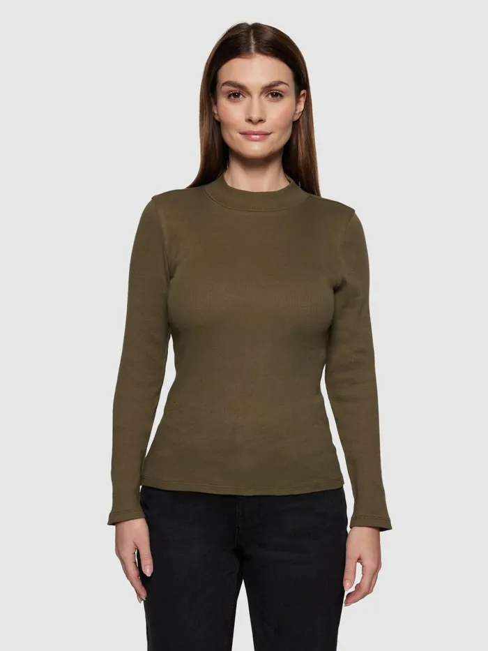 KnowledgeCotton Apparel TShirts And Tops Rib High Neck LS Dark Olive 8211 Women KnowledgeCotton Apparel TShirts And Tops Rib High Neck LS Dark Olive 8211 Women