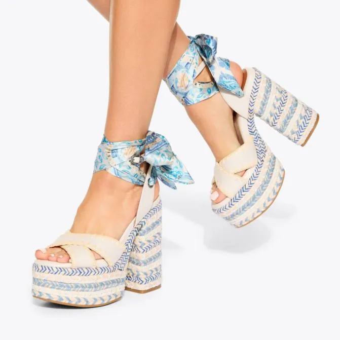 Kurt Geiger Sandals Chelsea Scarf Platform Heel Blue Pale Combination 8211 Women