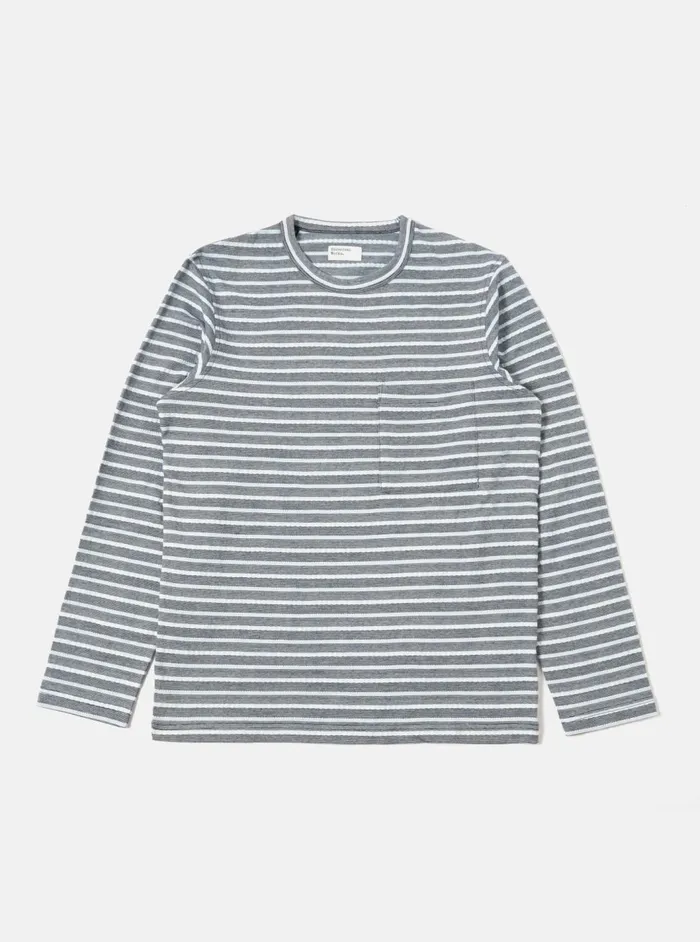 LS Pocket Tee In Indigo Textured Knit Stripe Men Universal Works Tees
