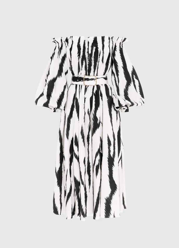 LEO LIN Sarah OffShoulder Midi Dress 8211 Tiger Print in White Women Dresses and Jumpsuits