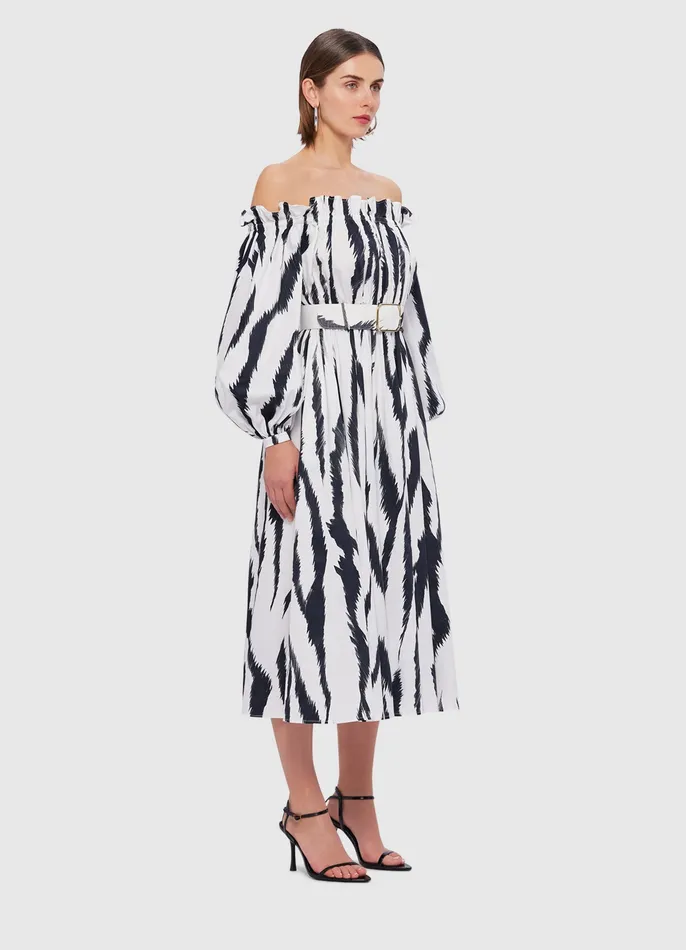 LEO LIN Sarah OffShoulder Midi Dress 8211 Tiger Print in White Women Dresses and Jumpsuits
