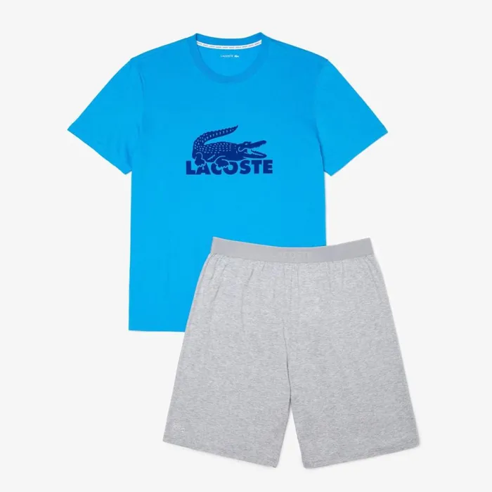 Loungewear and Pajamas Men Lacoste Mens Velvet Logo Pajama Set Blue Grey Chine G6v
