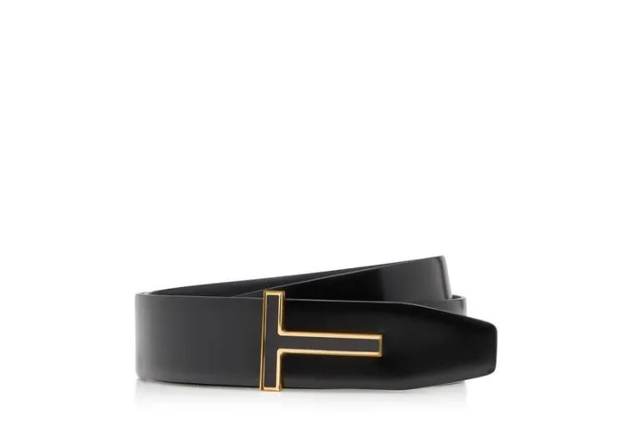 Men Belts Tom Ford Smooth Leather Enamel Insert T Belt Black