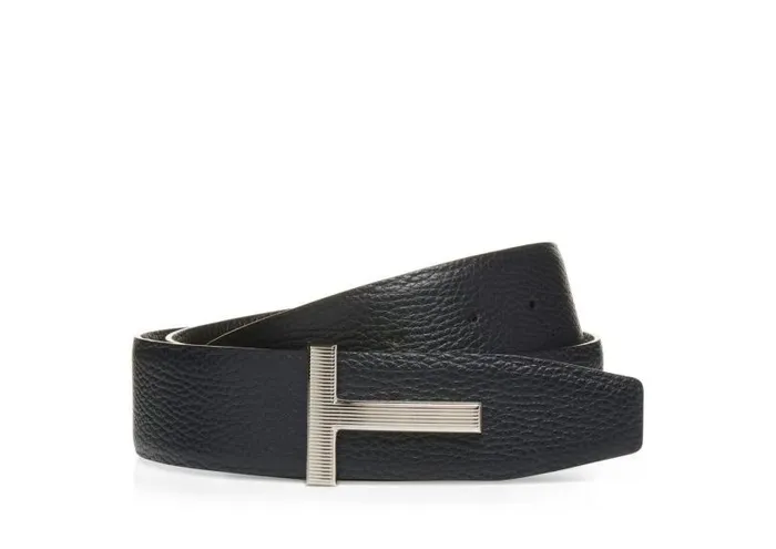 Men Belts Tom Ford Soft Grain Leather Ridge T Belt Dark Navy Black