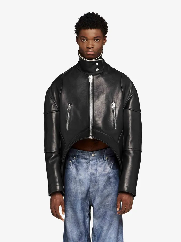 Men Coats and Jackets JW Anderson CURVED LEATHER HEM HIGH NECK JACKET Black Men Coats and Jackets JW Anderson CURVED LEATHER HEM HIGH NECK JACKET Black